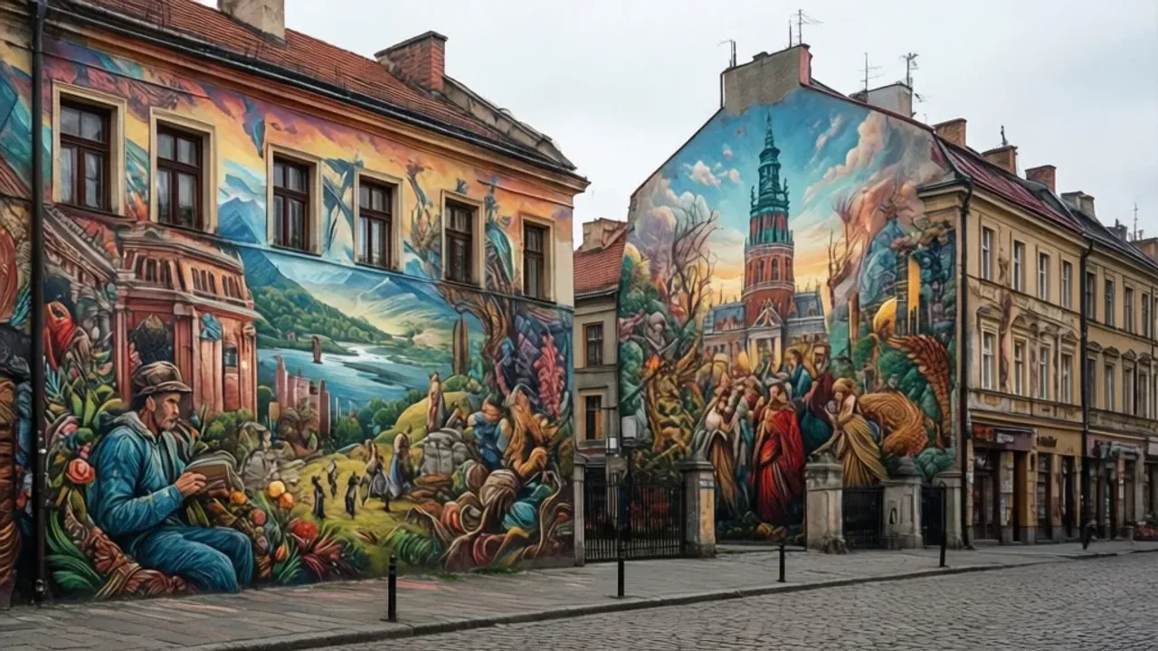Lubelskie murale – przewodnik po najciekawszych pracach: lista 2026 Wielkoformatowy mural na elewacji zabytkowej kamienicy – Lubelskie murale – przewodnik po najciekawszych pracach.
